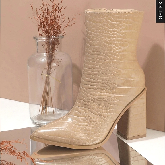 lulu & sky Shoes - Lulu & Sky Crocodile Beige Block Heeled Boots